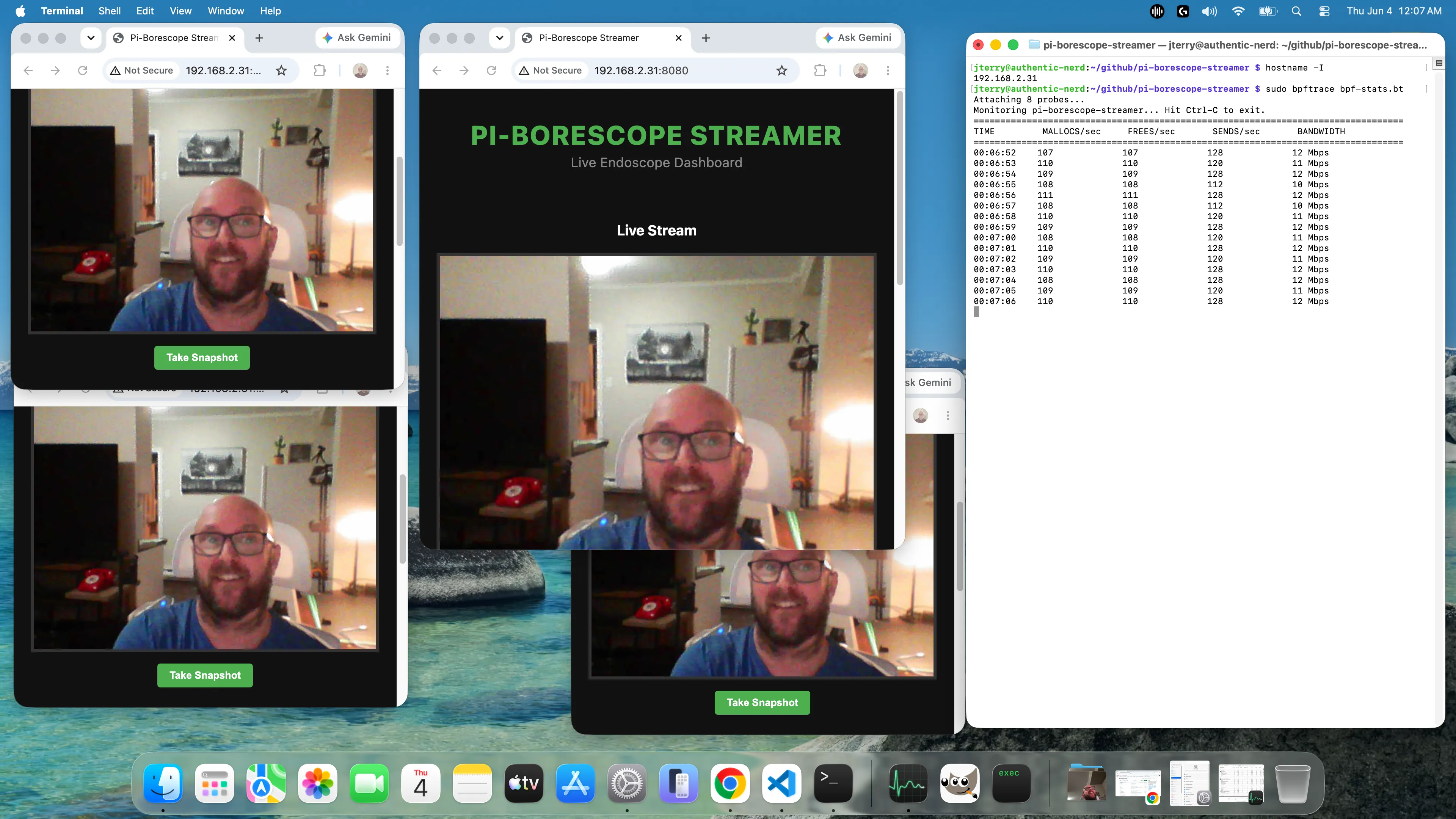 Screen capture showing several browser tabs viewing the live stream from my borescope